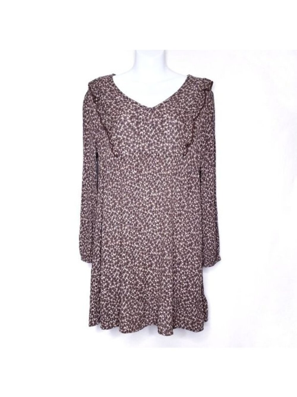 Everly Brown Floral Cottage Core Ruffle Long Sleeve Mini Dress Women's Medium